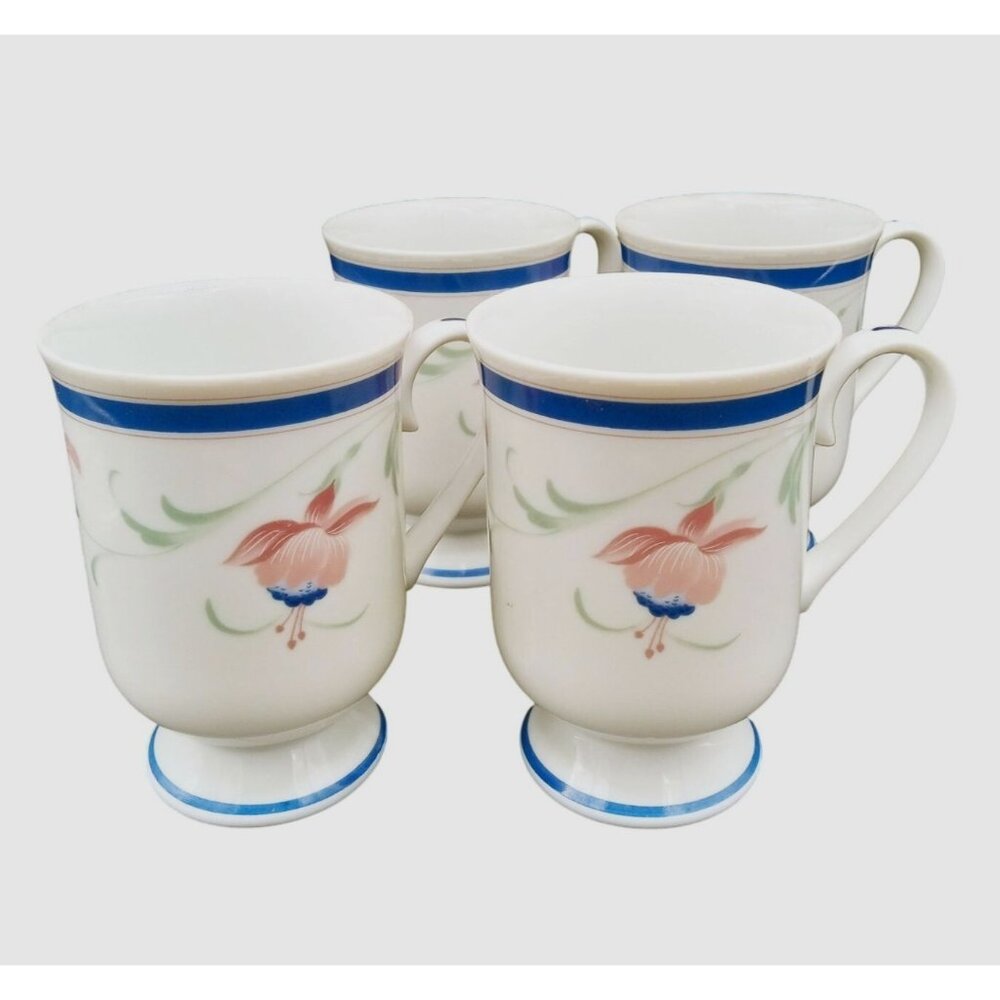 Princess House Exclusive Japan Porcelain Pedestal Mugs Floral Blue Band Set of 4